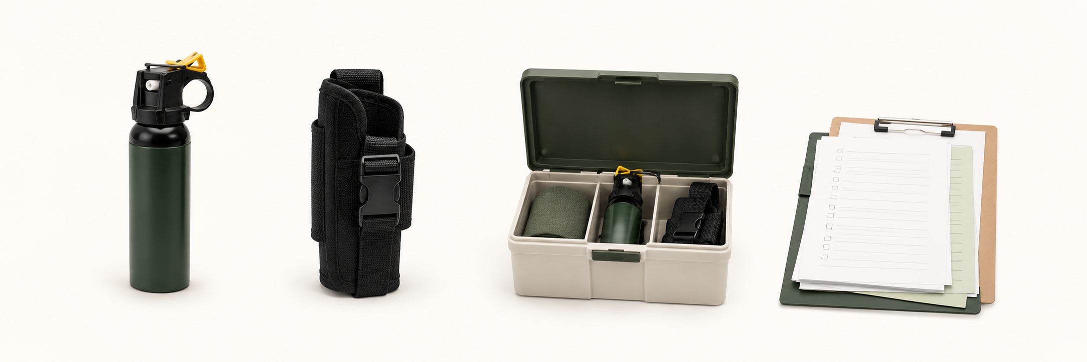 クマ撃退スプレー本体、ホルスター、保管用品、書類一式のイメージ